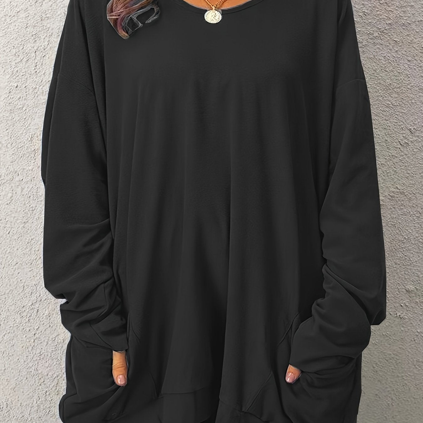Women's Black Long Sleeve Casual Dress with Pockets for Spring Fall