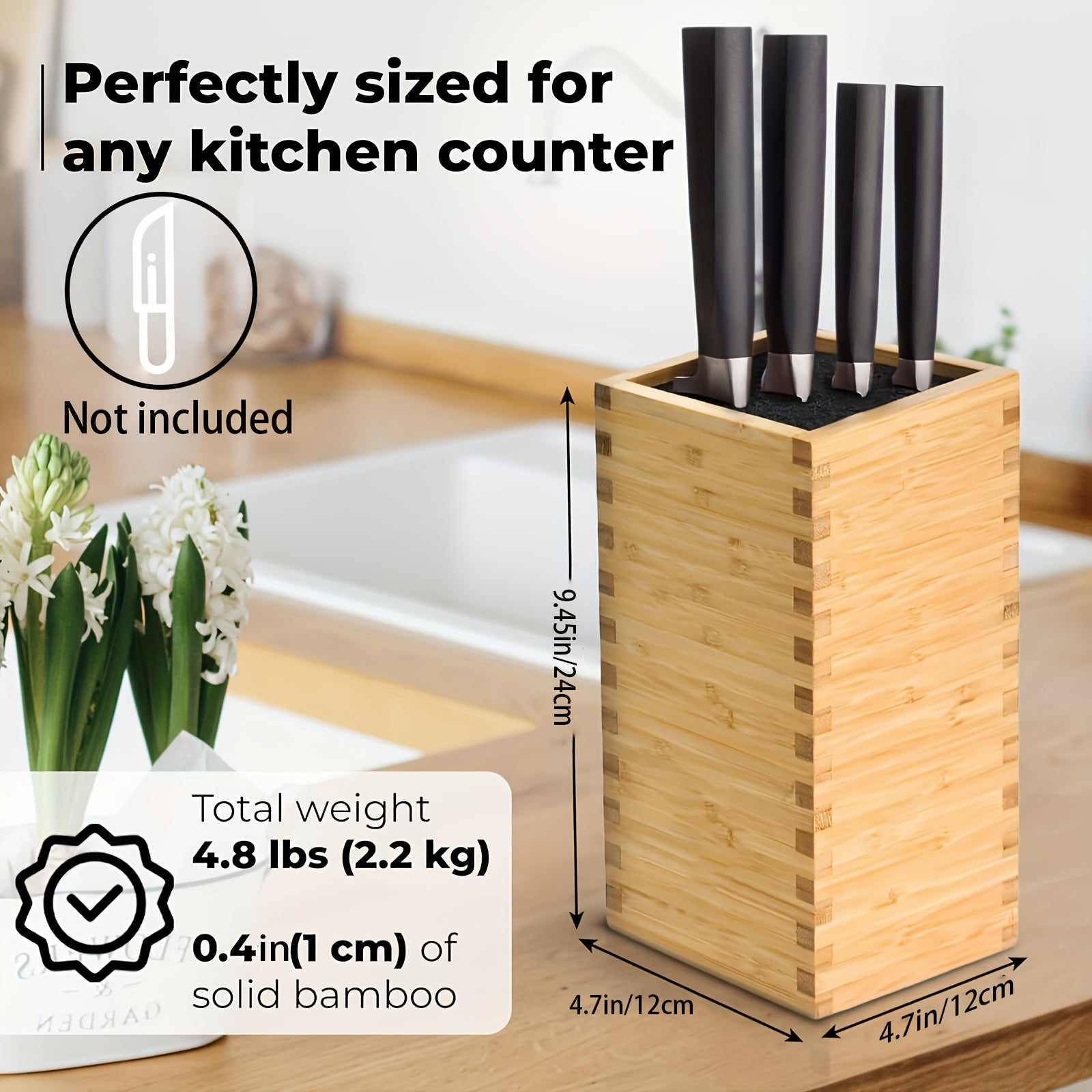 Bamboo Knife Block for Kitchen Countertop with Anti-Slip Base, Holds All Blades
