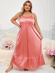 Women's Plus Size Satin Sleep Dress with Ruffle Hem and Round Neck
