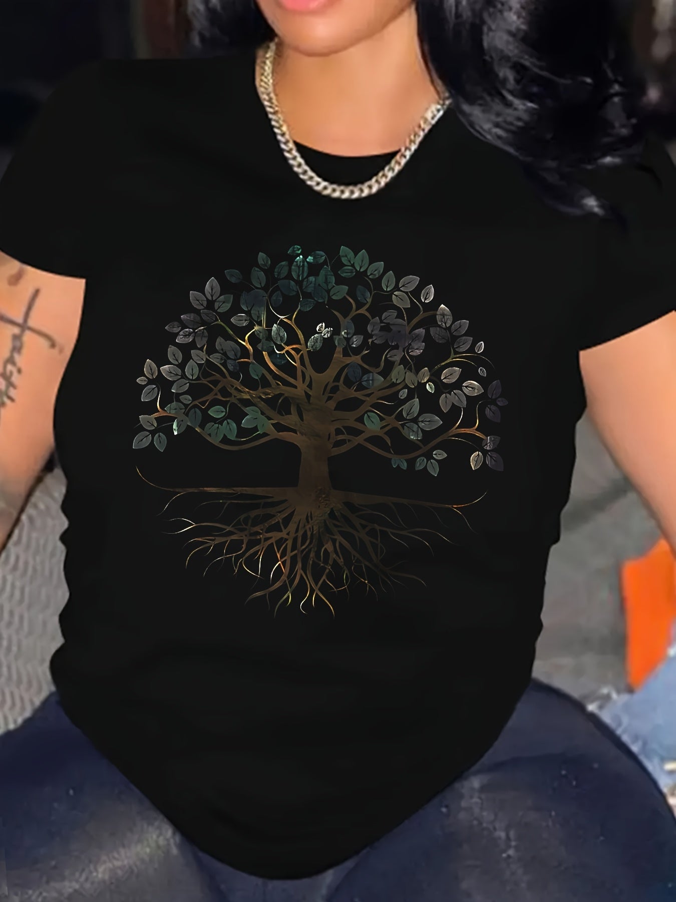 Plus Size Women's Cotton T-Shirt Black Botanical Tree Graphic Casual Top