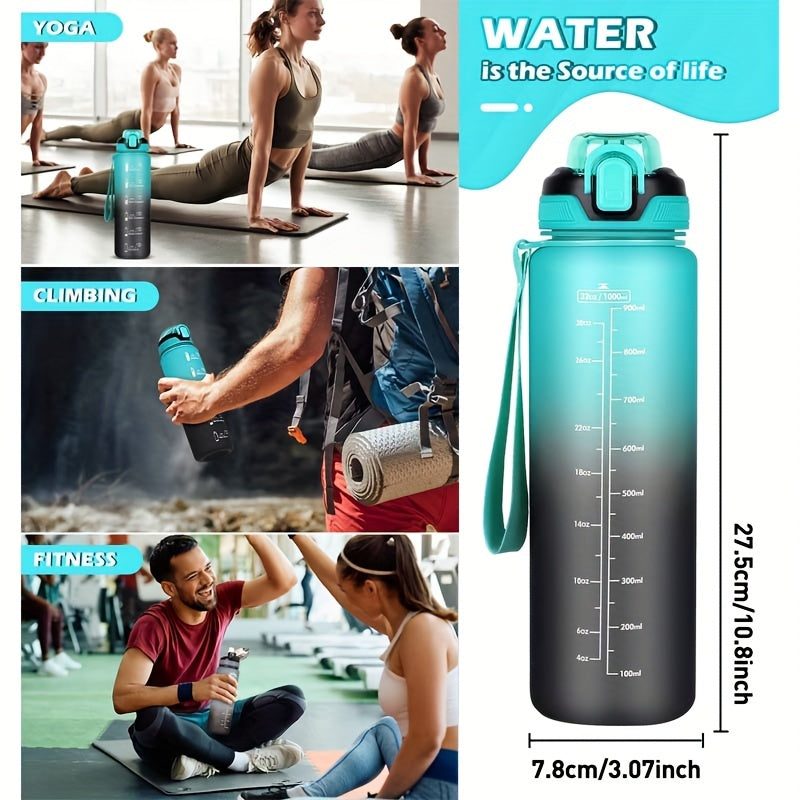 1L BPA-Free Sports Water Bottle with Straw and Time Marker