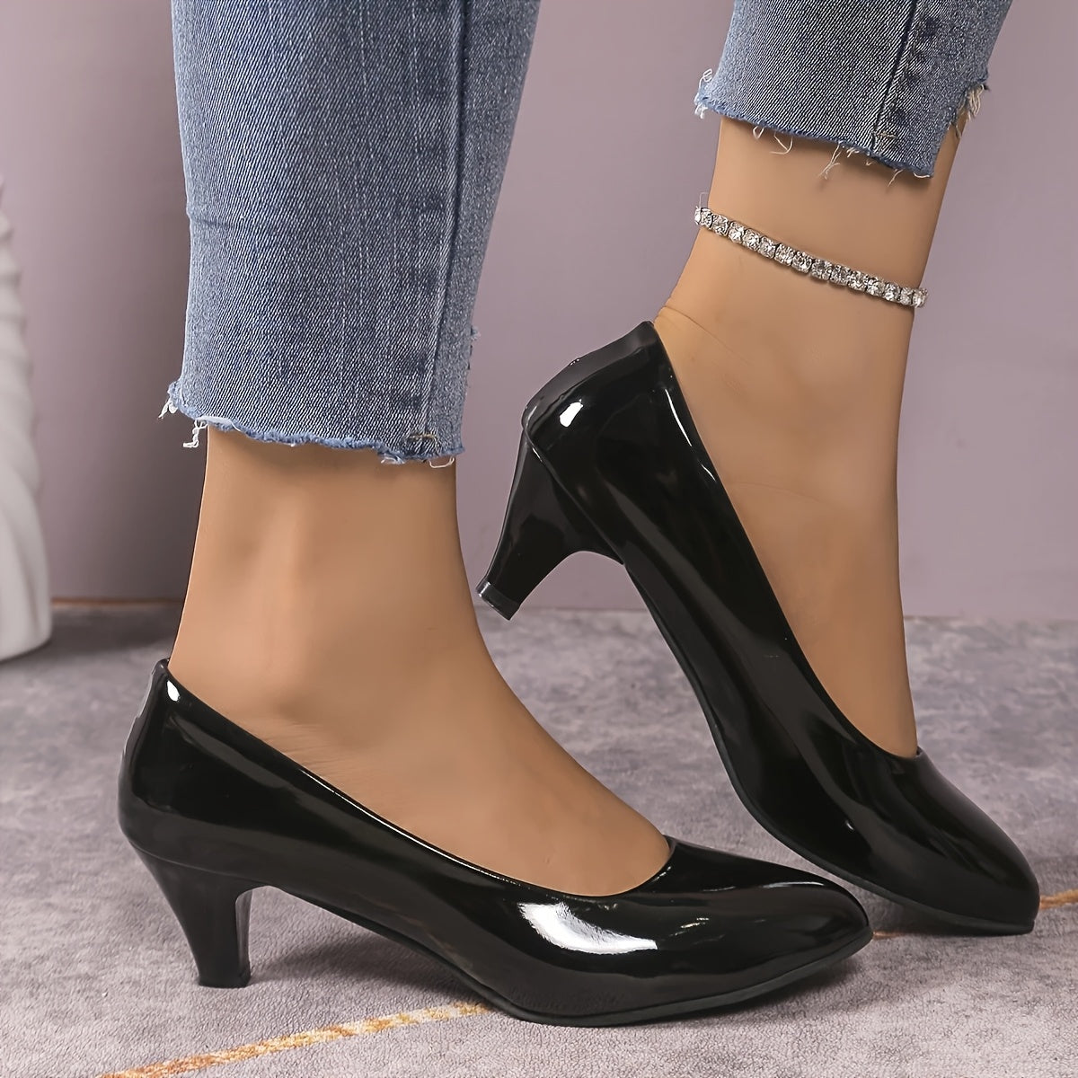 Women's Black Glossy High Heels with Cushioned Insole for Formal Casual Wear