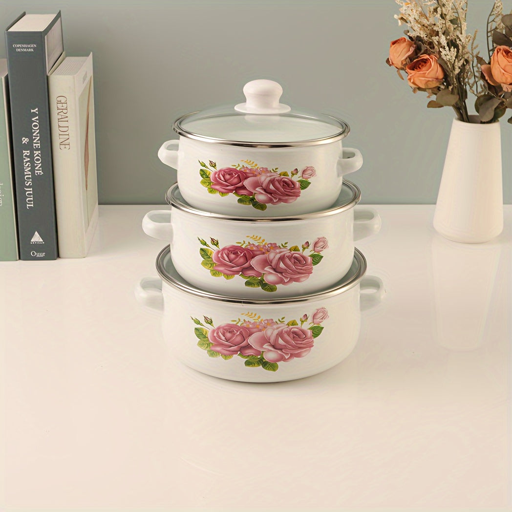 Set of 3 Enamel Cookware with Glass Lids for Soups and Stews Gas Stove Compatible