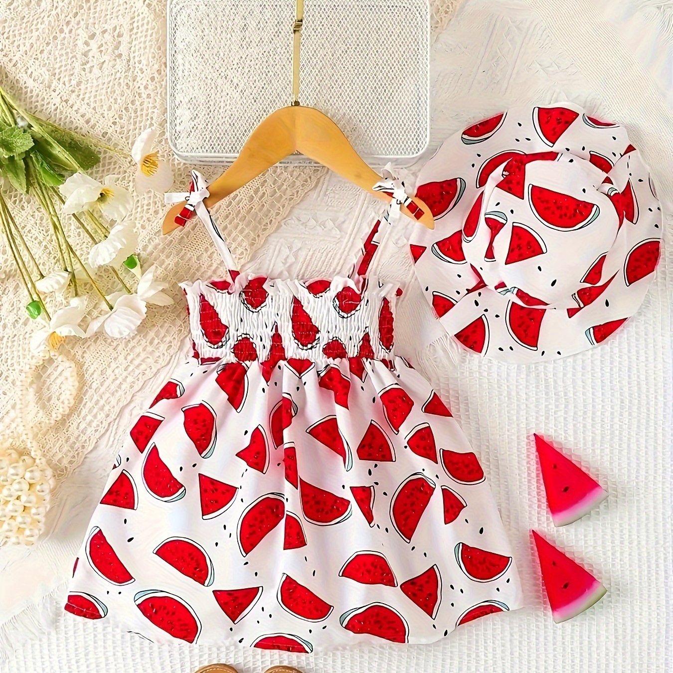 Baby Girl Dress Set with Fruit Cartoon Print Summer Casual Midi Dress and Hat