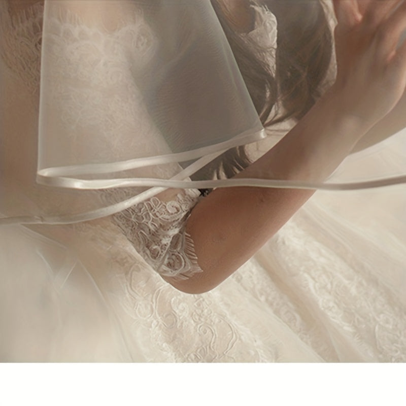 Velo de novia con borde de satén de doble capa y peine de metal para el cabello, accesorio para bodas