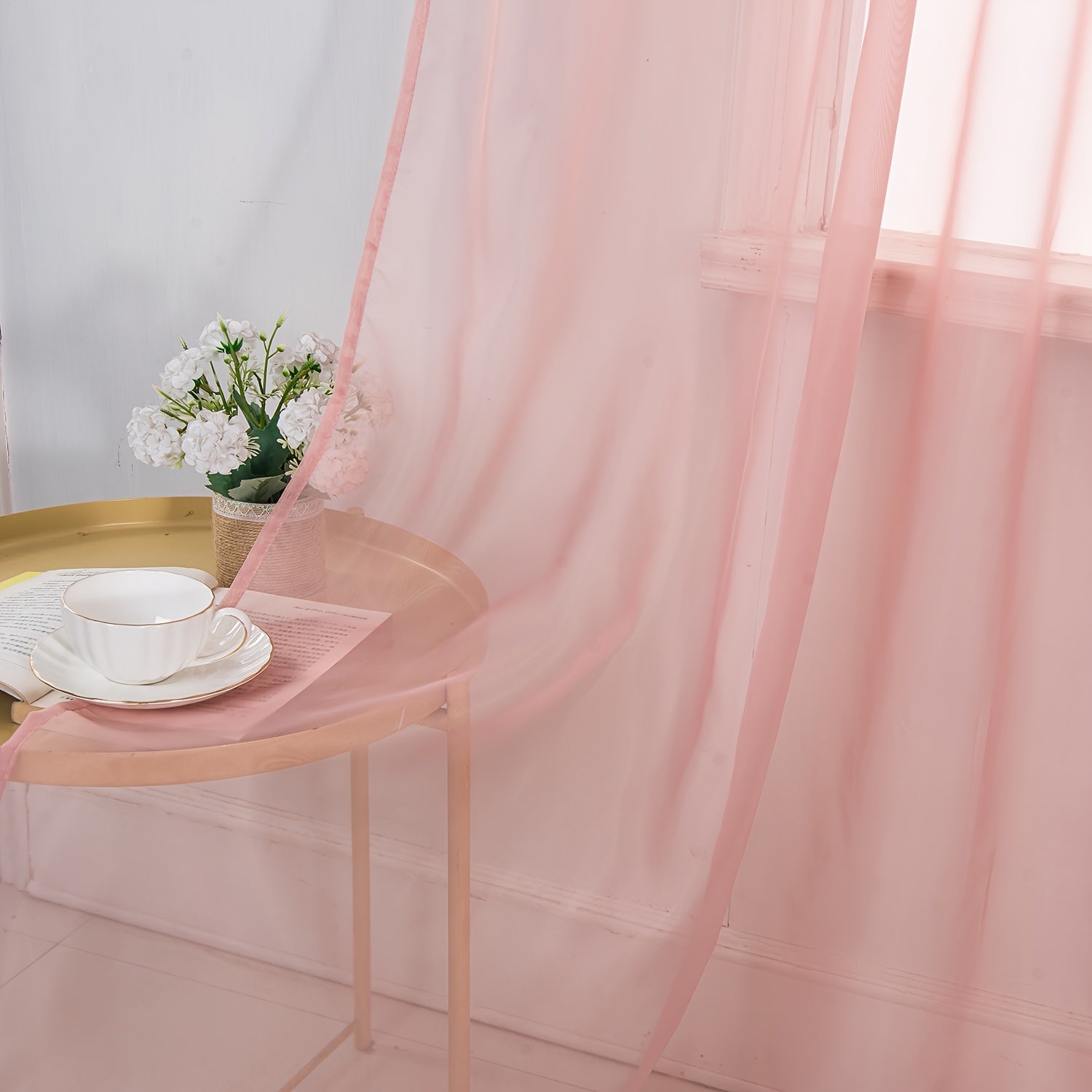 Set of Two Solid Color Sheer Curtains with Rod Pockets for Bedroom or Living Room