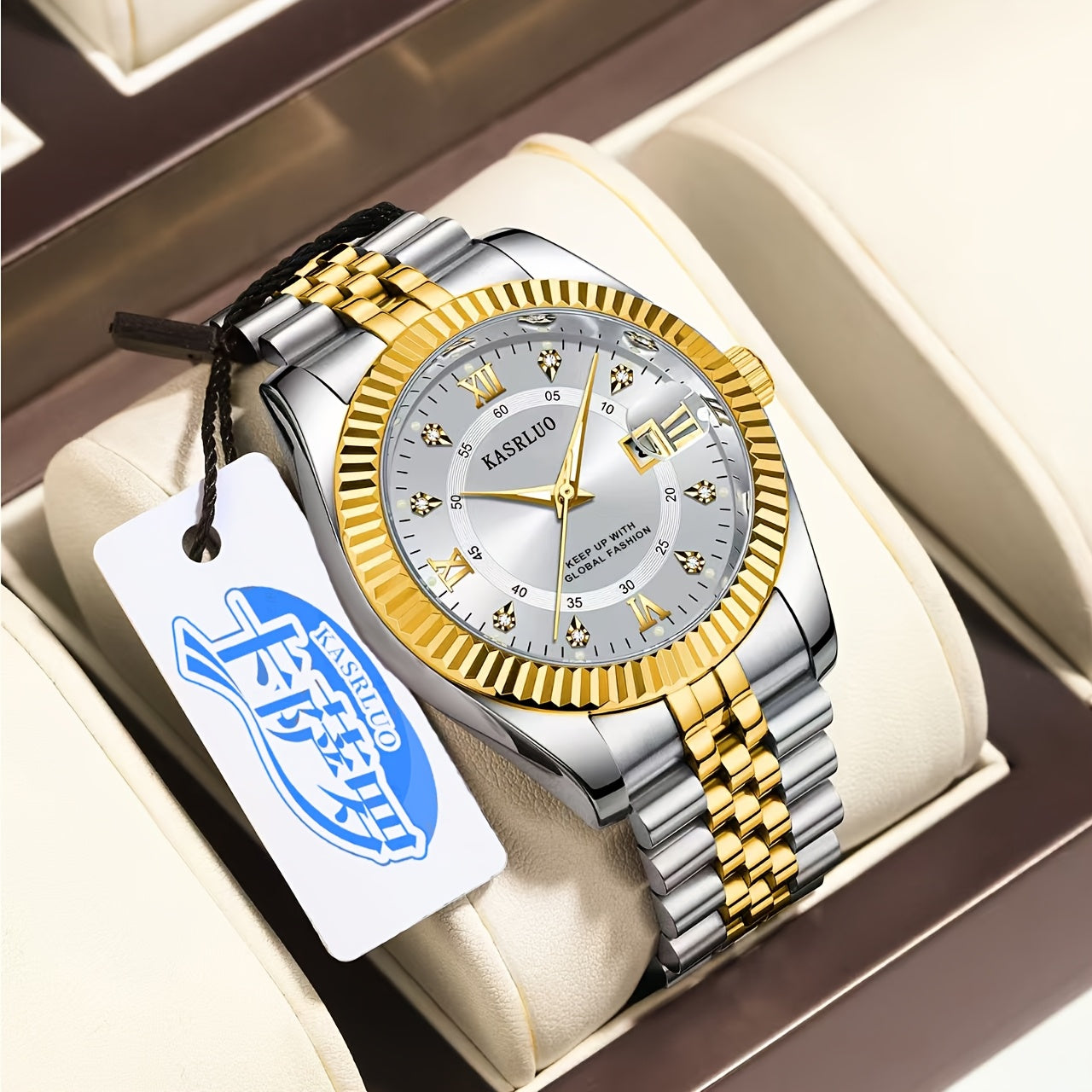 Men's Quartz Watch with Luminous Date Display Gold-Tone Stainless Steel Band Rhinestone Detailing Business Style