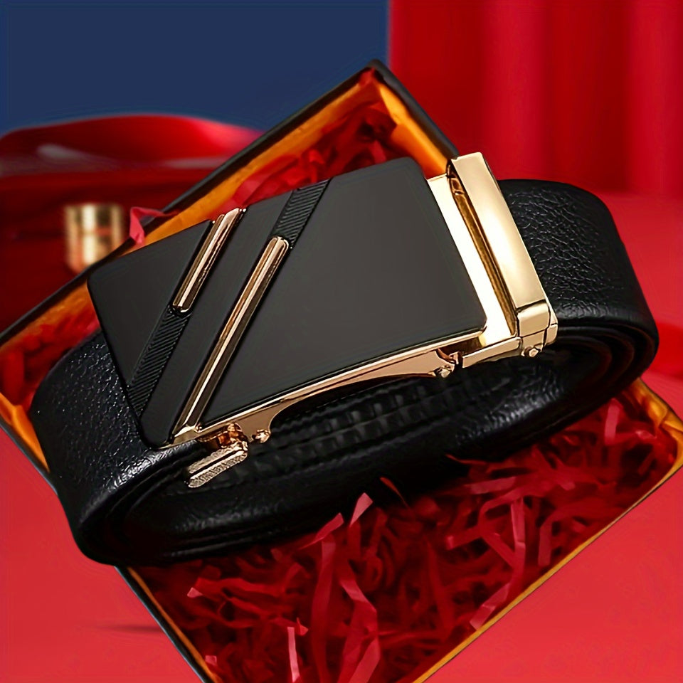 Cinturón casual de negocios para hombre con hebilla automática, patrón de lichi de doble barra, ajustable en PU