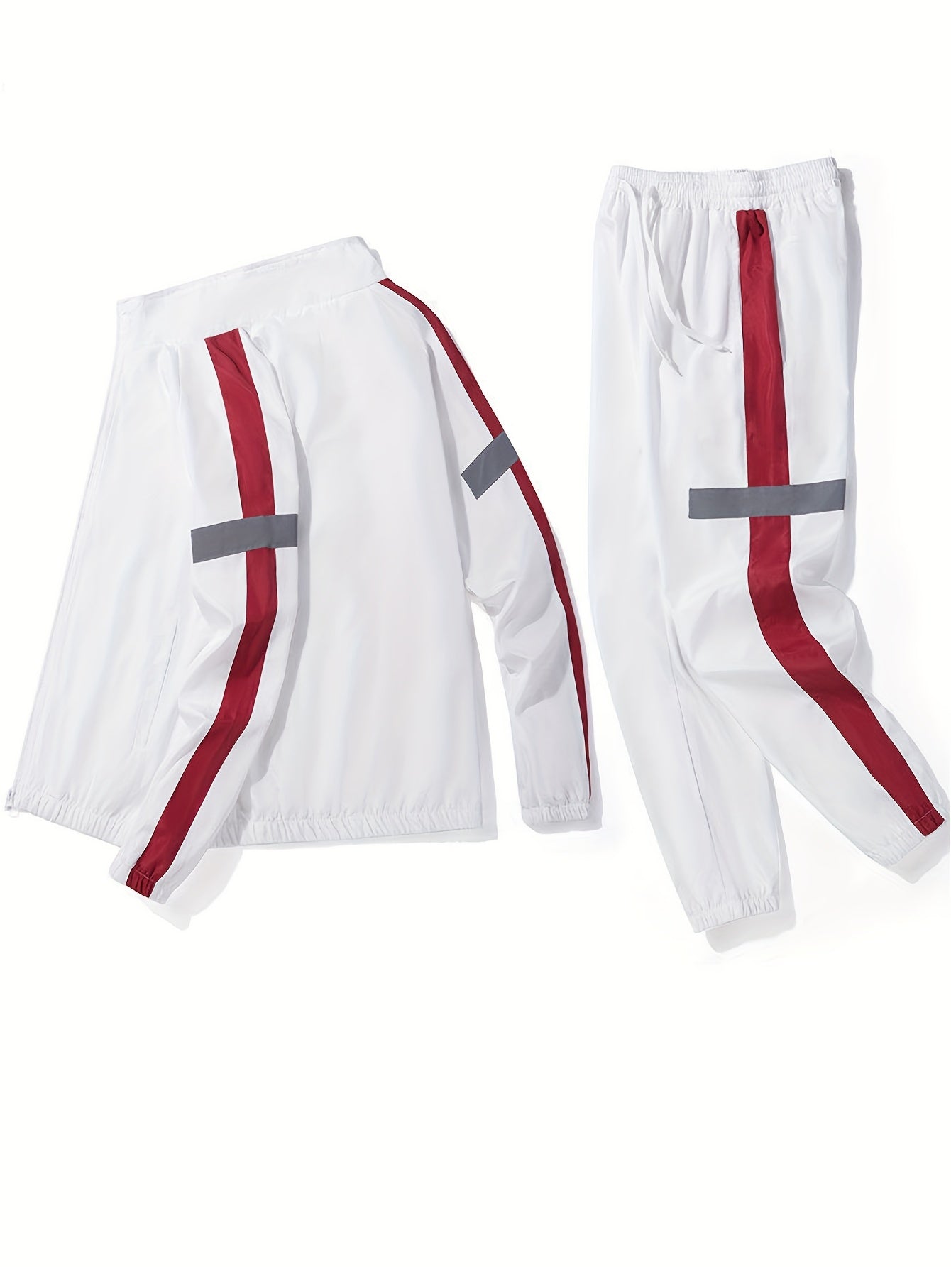 Men's Black and White Striped Polyester Sportswear Set with Reflective Accents for Spring and Fall