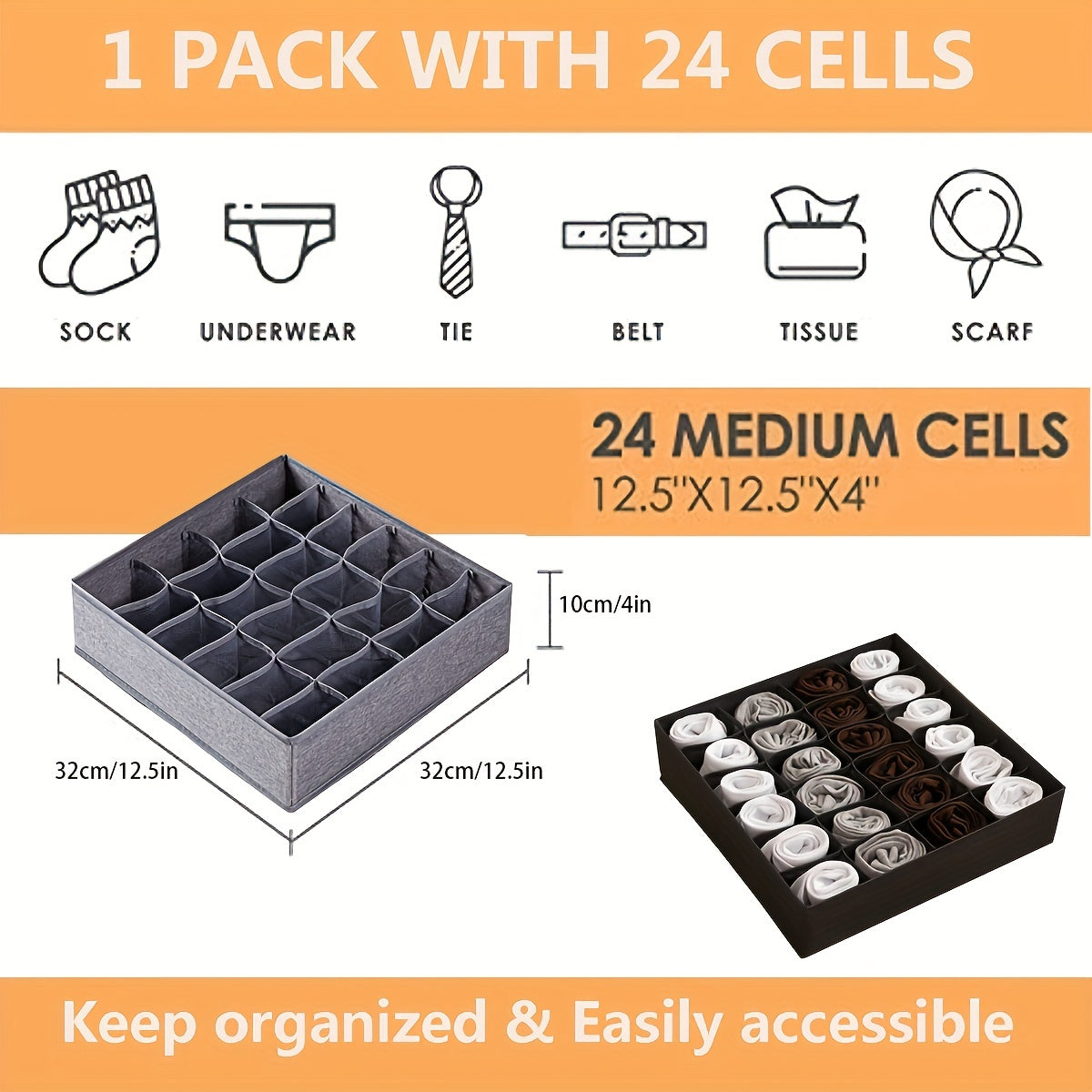 Caja de almacenamiento de ropa interior de tela con 24 compartimentos para calcetines y corbatas