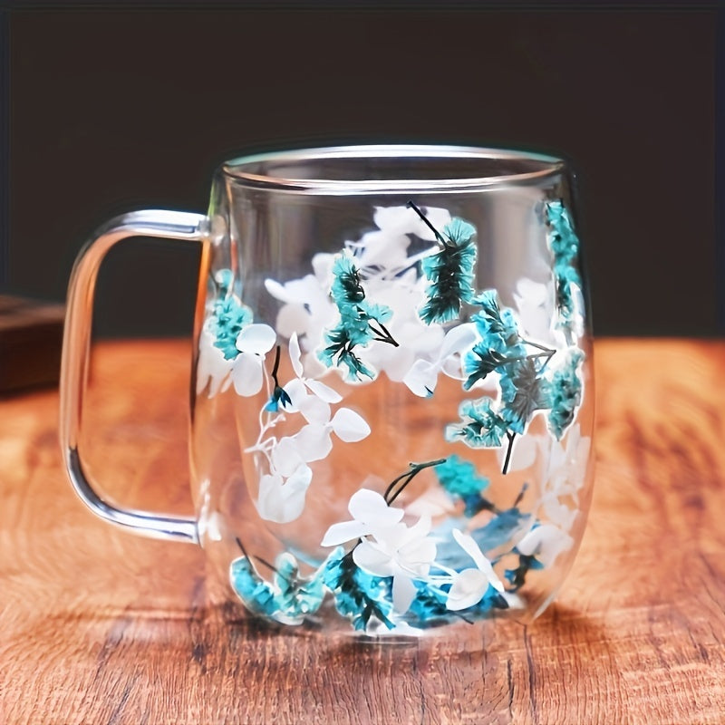 Double Layer Glass Coffee Mug with Flower Design Reusable Office Home Use