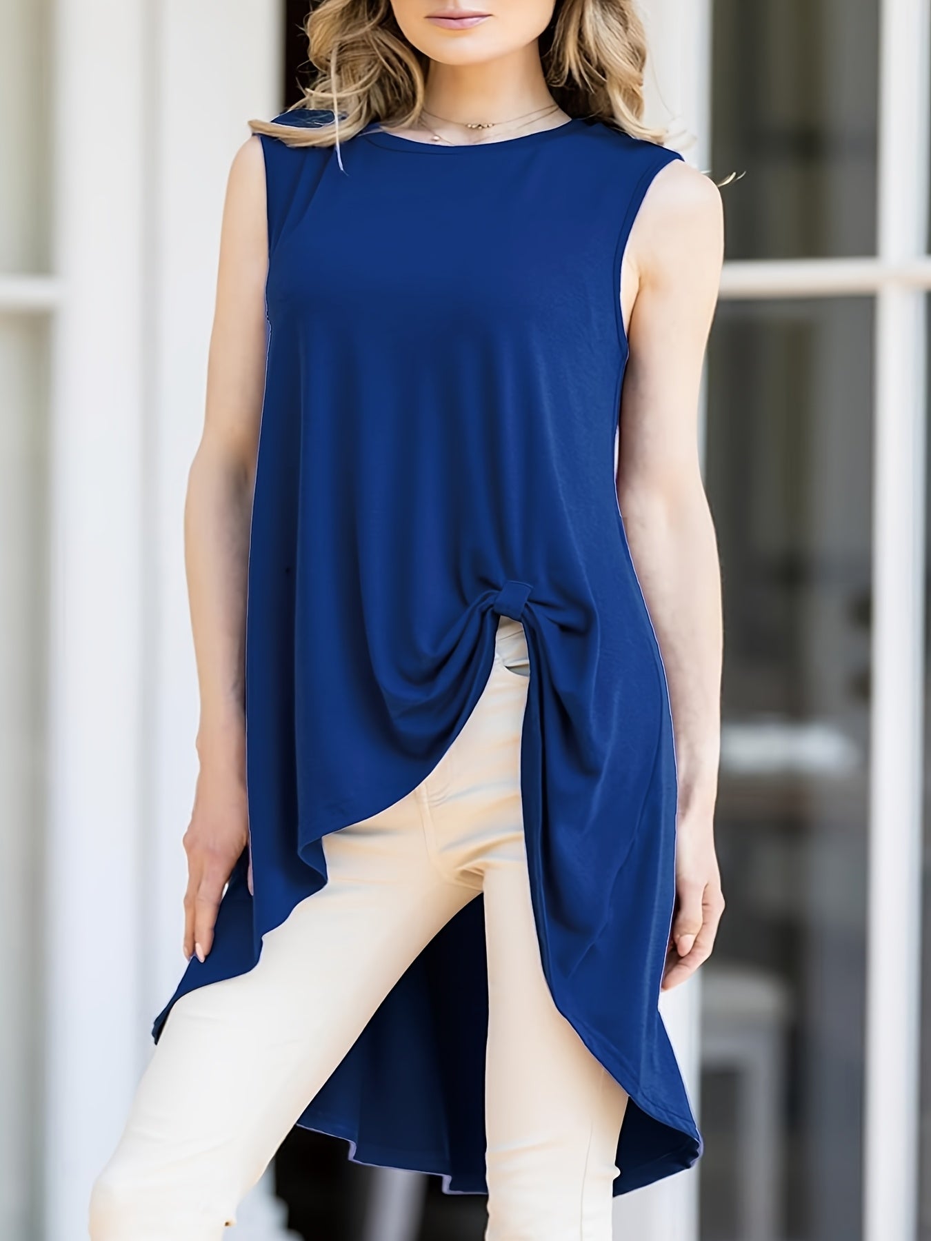 Top asimétrico sin mangas de cuello alto para mujer negro poliéster casual formal