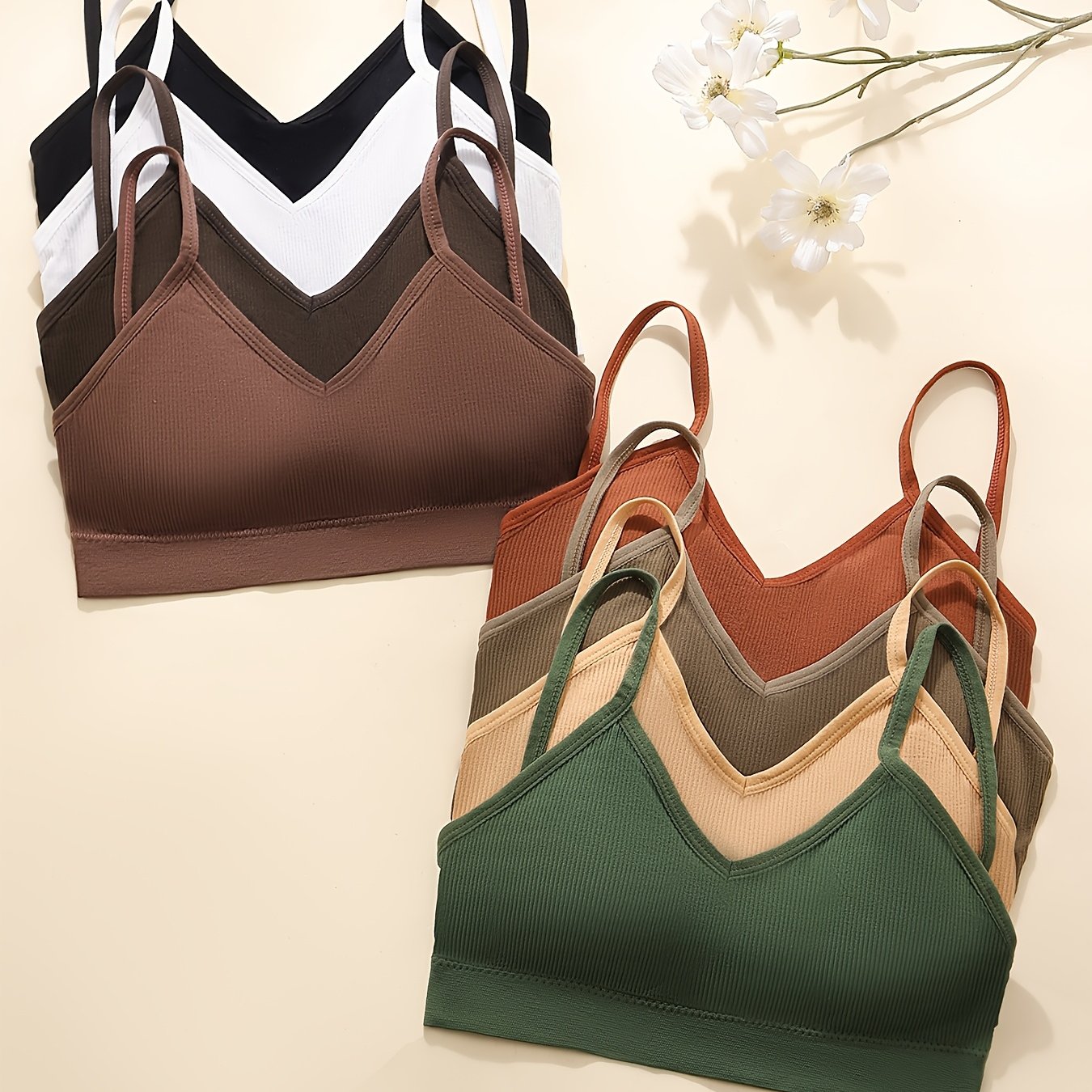 8-упаковка беспроводных рифленых топов-бра, дышащих и удобных для спорта и повседневной носки.