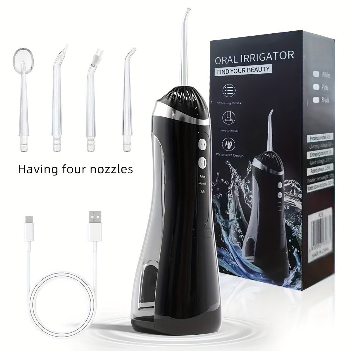 Rechargeable Electric Dental Flosser with 4 Nozzles 3 Modes Large Water Tank High Pressure