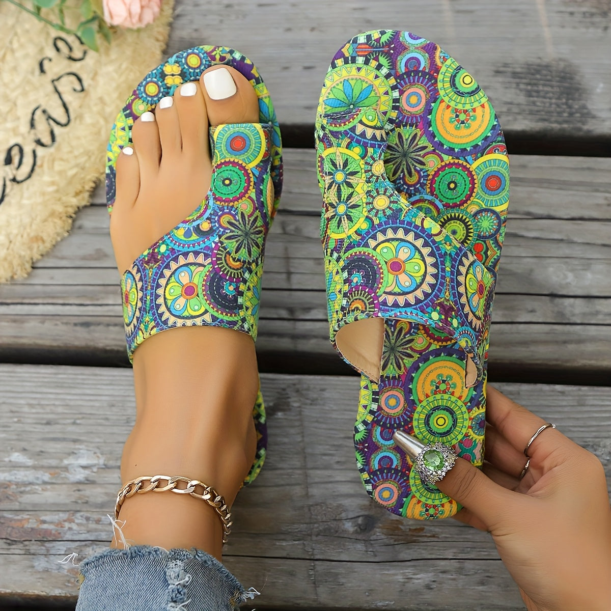 Women's Bohemian Flower Pattern Slide Sandals Open Toe Flat Summer Casual