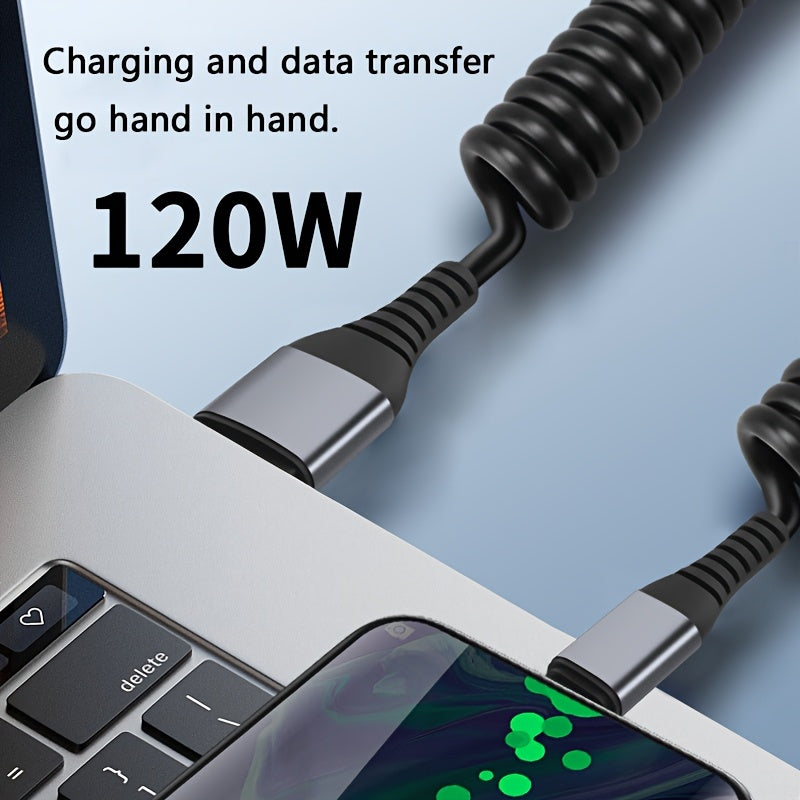 120W Fast Charging USB C to Type-C Cable Flat PVC Spring Retractable Data Transfer Compatible with Huawei Samsung Apple OPPO VIVO