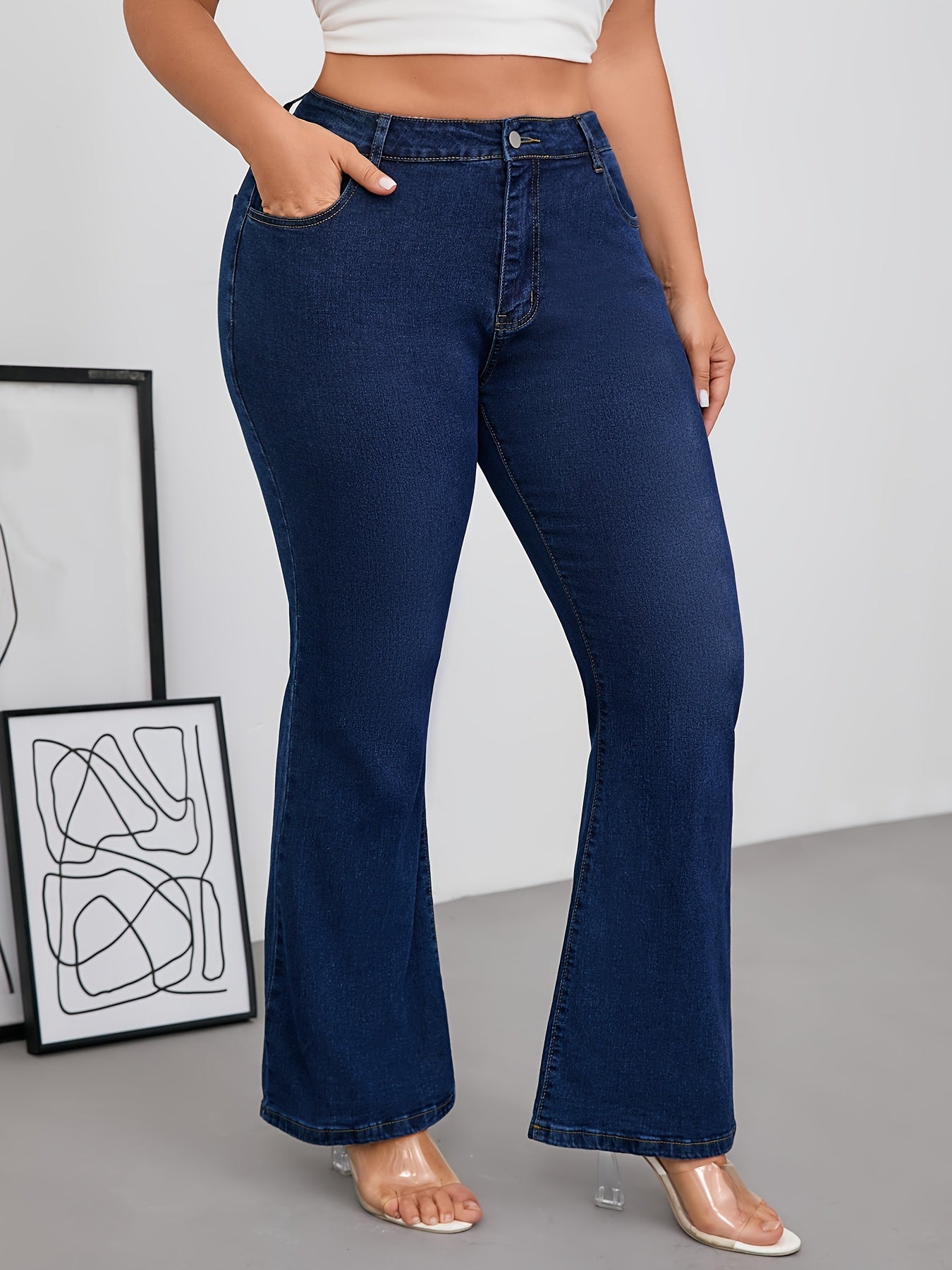 Plus Size Women's Blue Stretch Flare Jeans with Button Fly and Pockets
