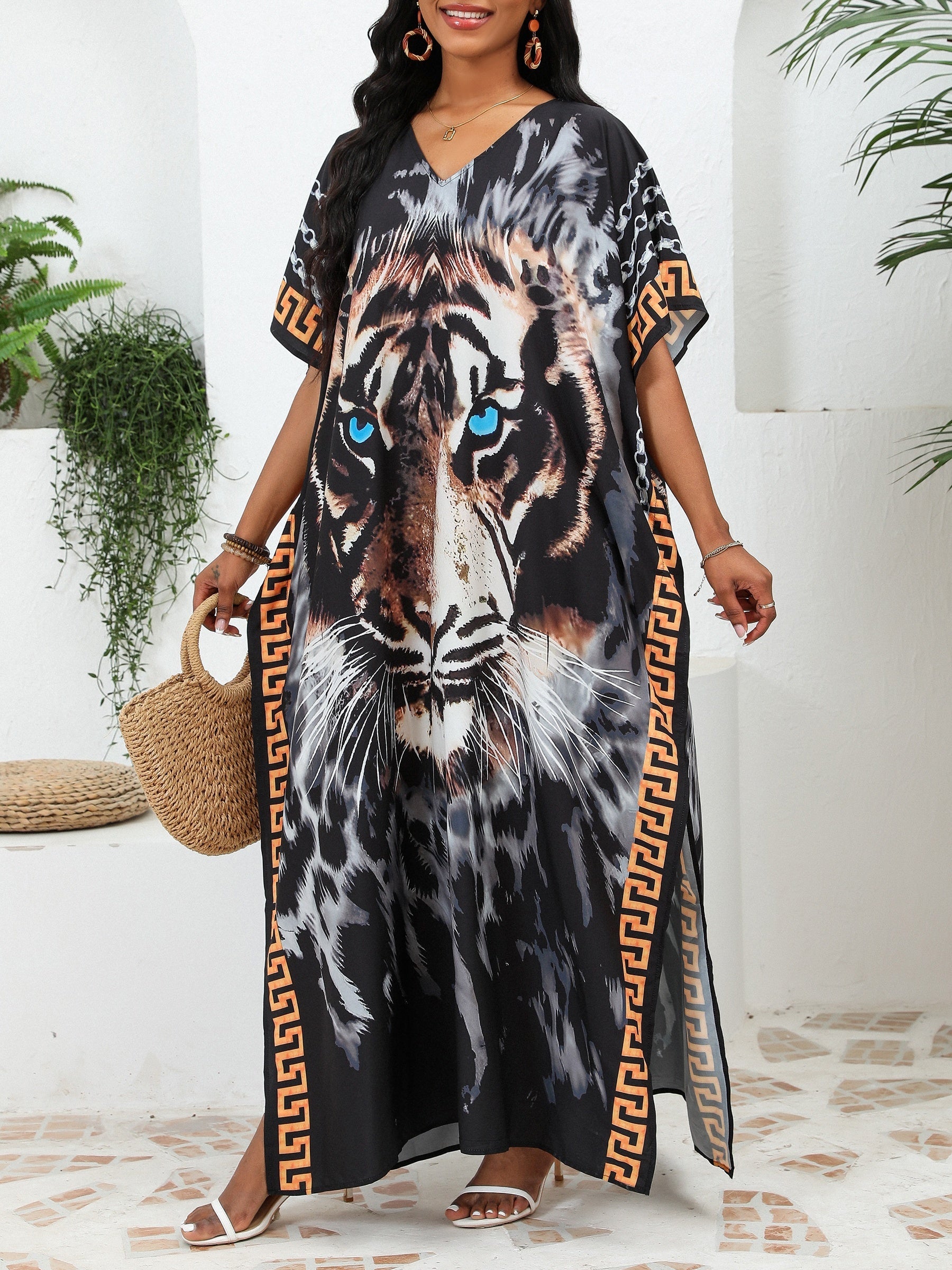 Плюс сайз тигровый принт V-образный вырез бохо накидка для осенних и зимних пляжных отпусков