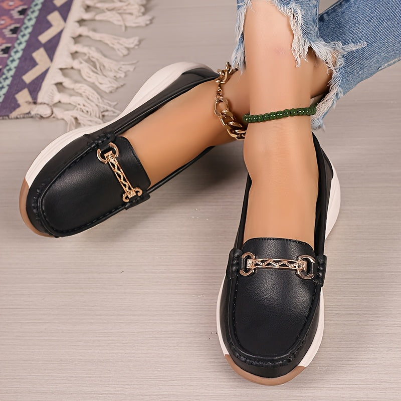 Women's Metal Buckle Loafers Flat Shoes Non Slip Casual Solid Color