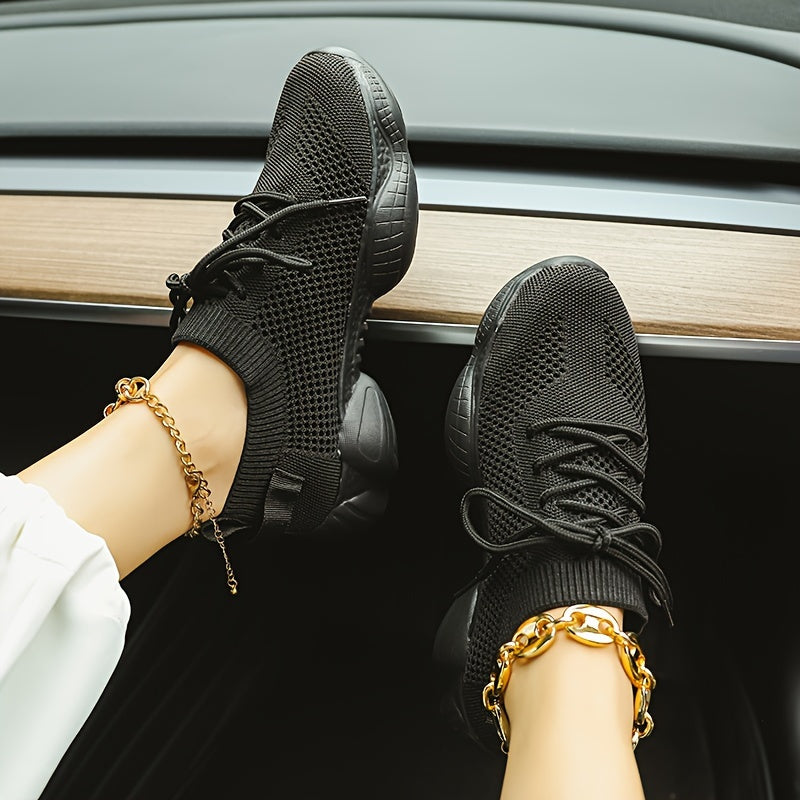 Women's Solid Color Platform Sneakers Breathable Lace-Up Running Shoes Plus Size