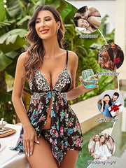 Women’s Mesh Print Pajamas and Robe Set with Thong