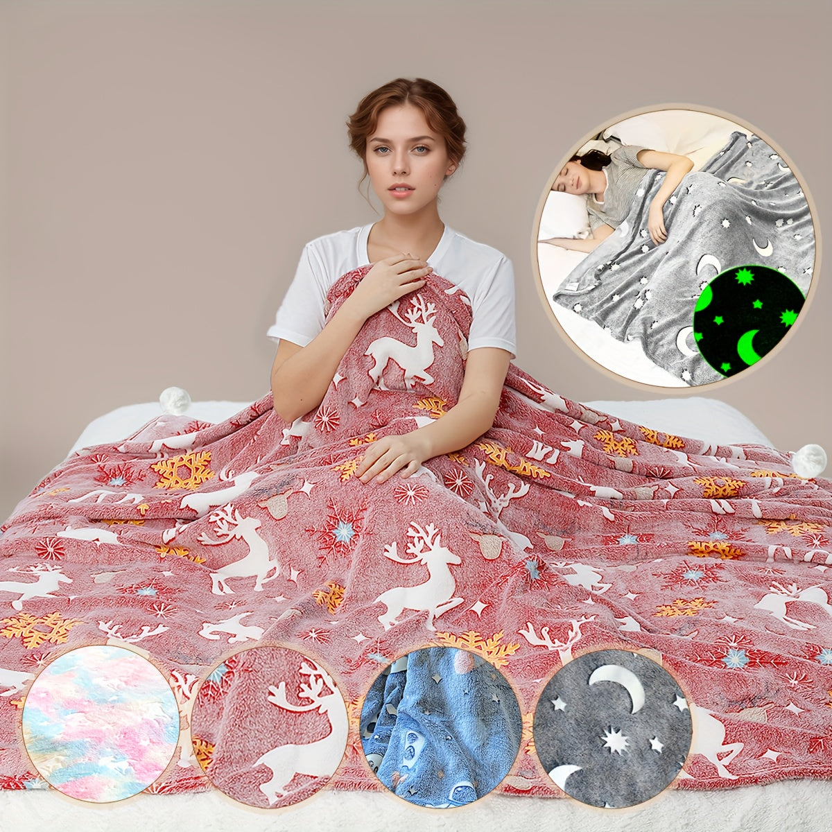 Manta de felpa de franela que brilla en la oscuridad con estampado de árbol de Navidad, acogedora para todas las estaciones, decoración del hogar
