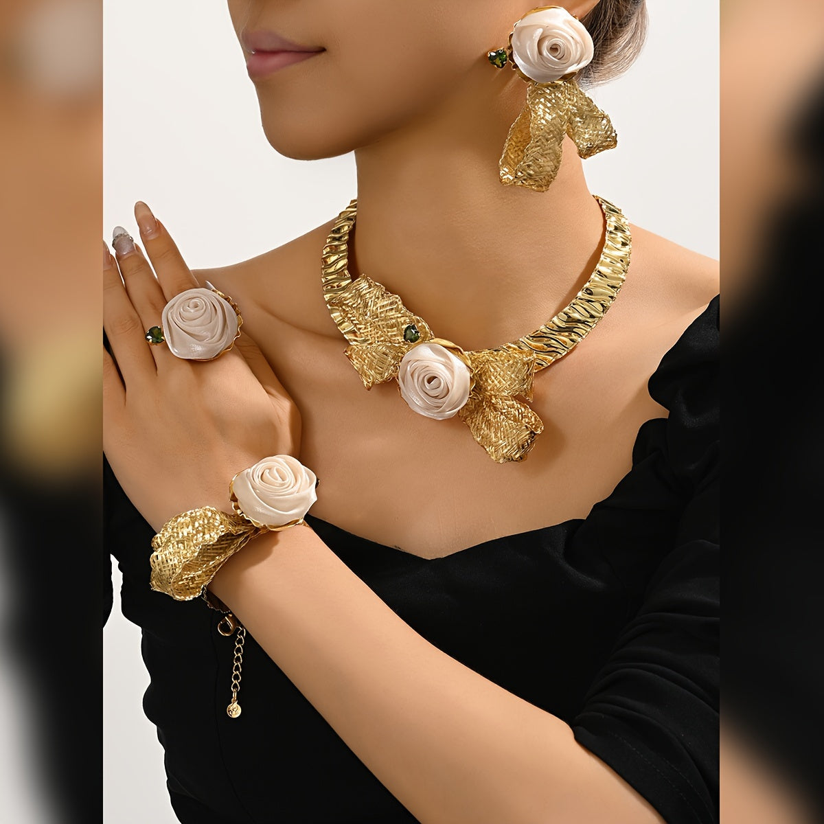 Women's Middle Eastern Gold Tone Jewelry Set with Rose Necklace Earrings and Ring