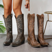 Women’s Western Cowboy Boots Faux Cover Embroidered Angel Wings Mid-Heel