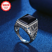 Sterling Silver Open Ring with Black Onyx and Imitation Jade Pattern for Women
