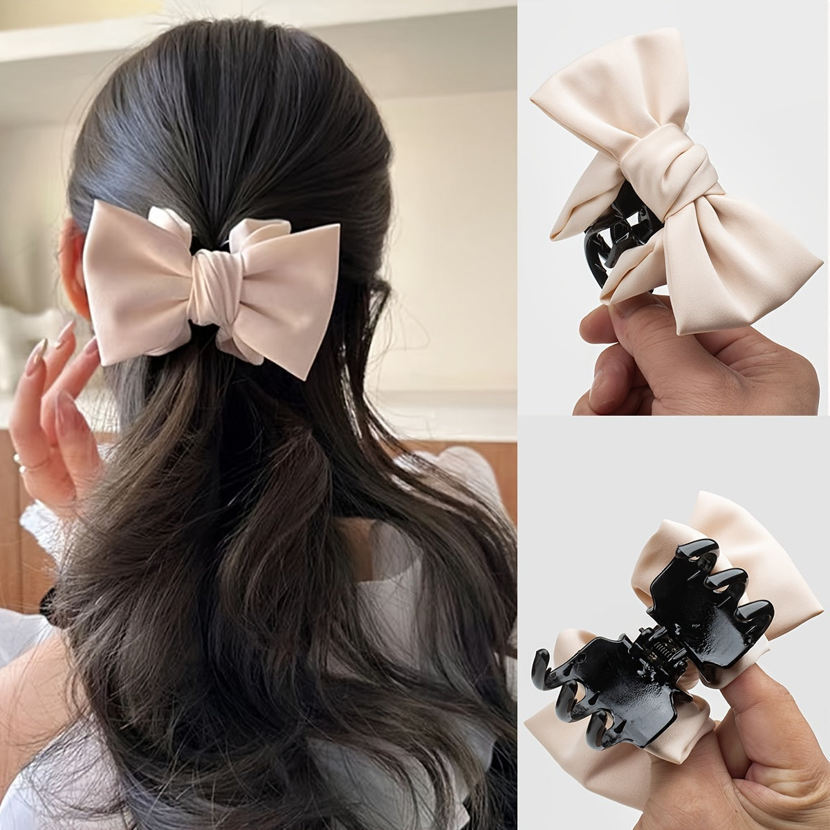 Women's Hair Clip Bowknot Non-Slip Fabric Hair Accessory for Ponytails in Khaki and Black
