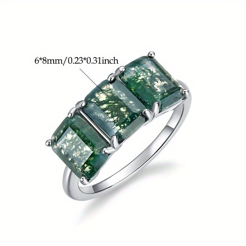 Sterling Silver Ring with Moss Agate Square 6x8mm June Birthstone Jewelry for Women