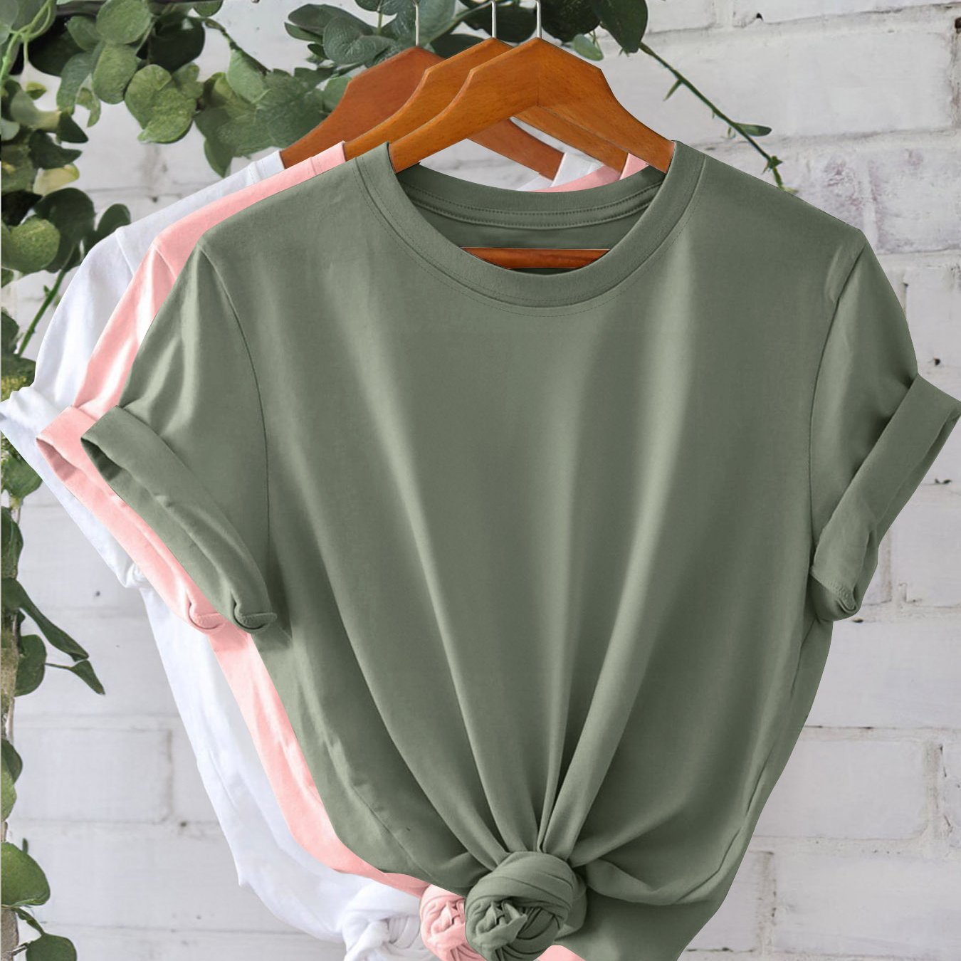 Set of 3 Women's Cotton Solid Color Crew Neck T-Shirts with Short Sleeves and Knot Detail