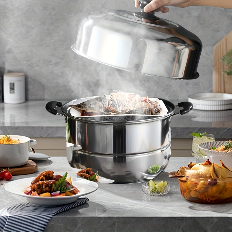 Olla de vapor de doble capa de acero inoxidable de 26cm con tapa para cocinar y cocinar al vapor