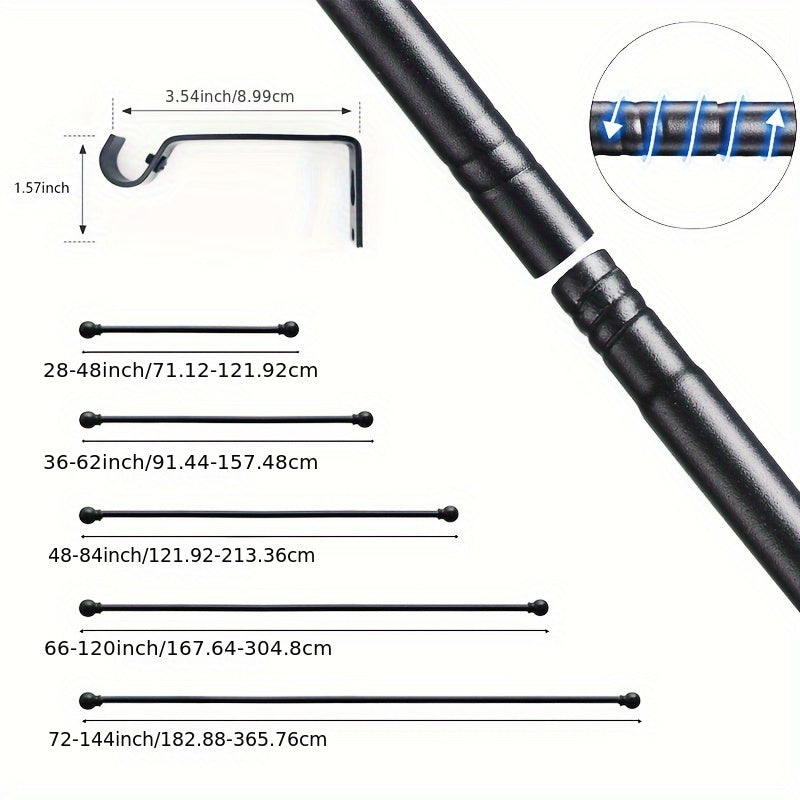 Elegant Black and White Adjustable Metal Curtain Rod Set with Decorative Hooks