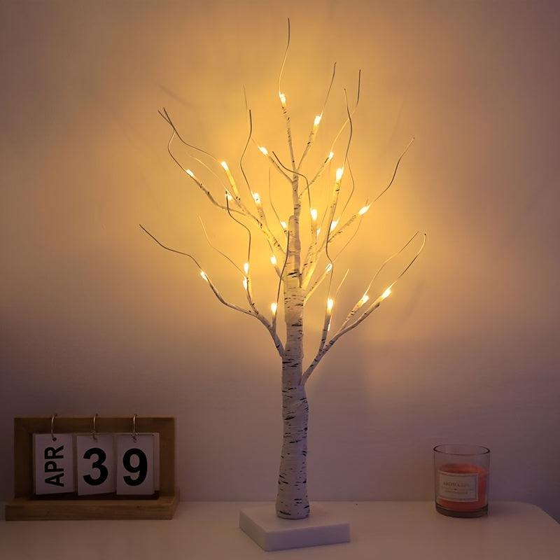 Wooden Birch Tree Table Lamp with Adjustable LED Battery Operated for Bedroom Decor