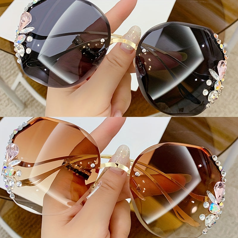 Women's Frameless Gradient Lens Rhinestone Glasses with Bent Legs