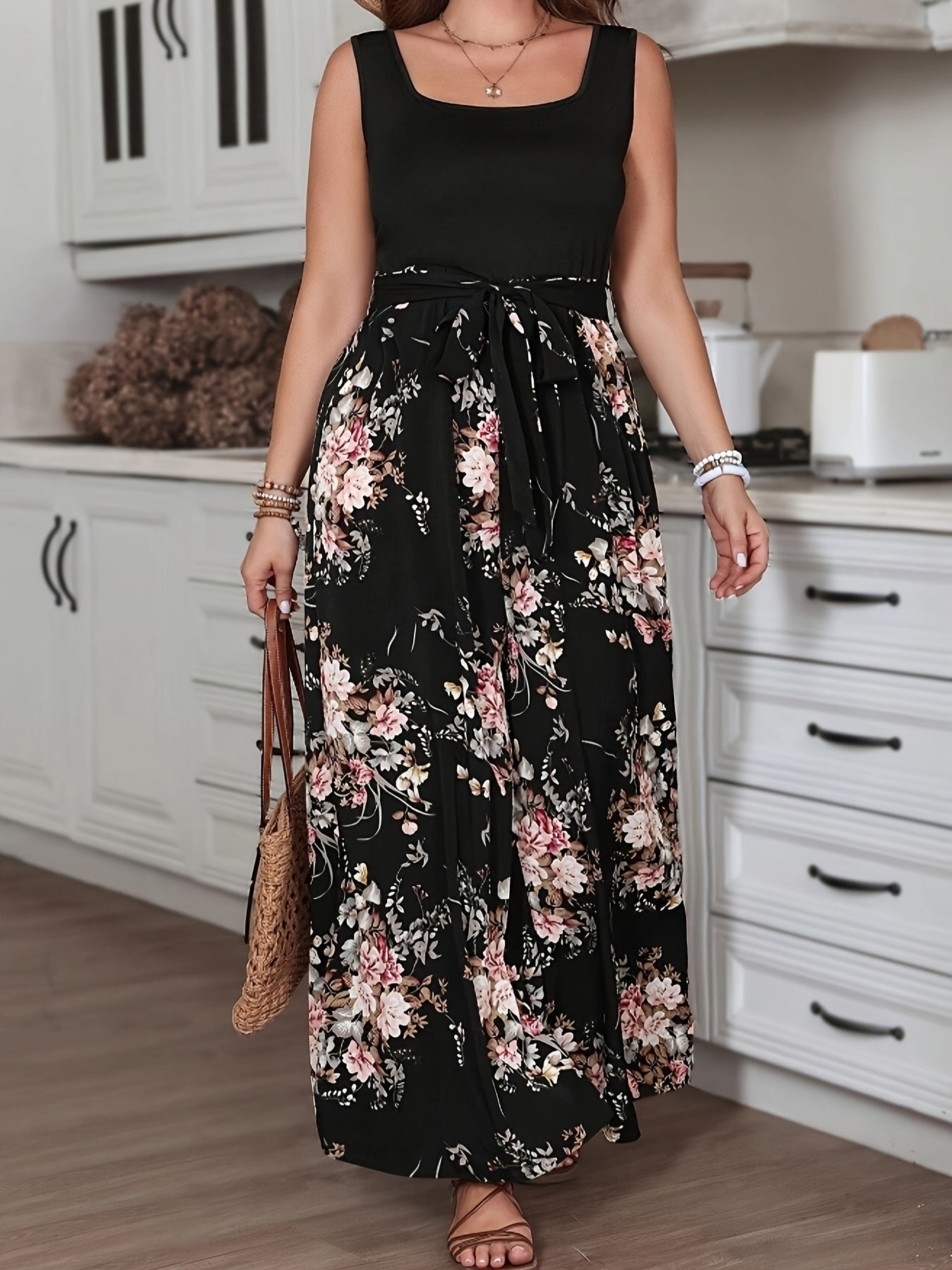 Women's Bohemian Sleeveless Jumpsuit with Floral Print and Black Contrast