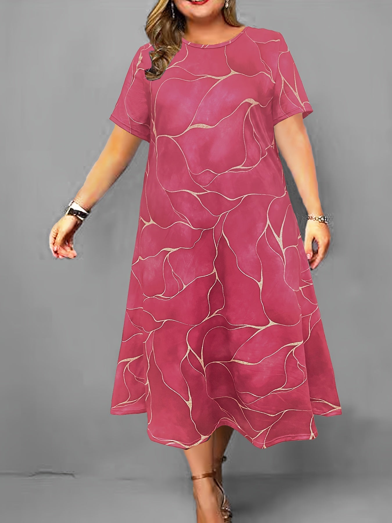 Plus Size Maxi Dress with Blue and Gold Geometric Print Crew Neck Short Sleeves Stretchy Polyester for Spring Summer