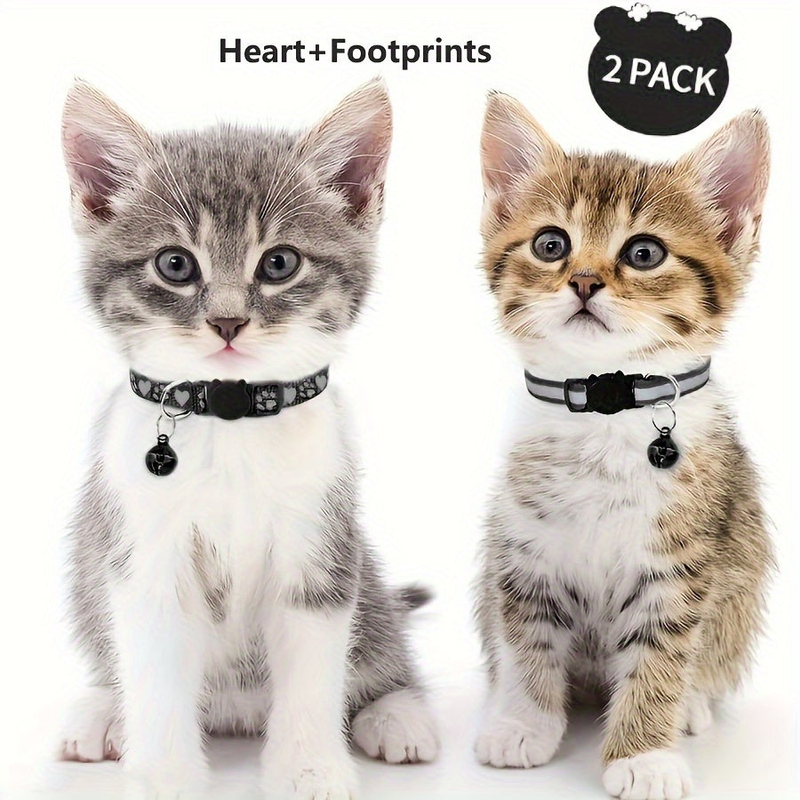Reflective Cat Collars for Kittens with Footprints Bells Breakaway Design Polyester 2 Pack