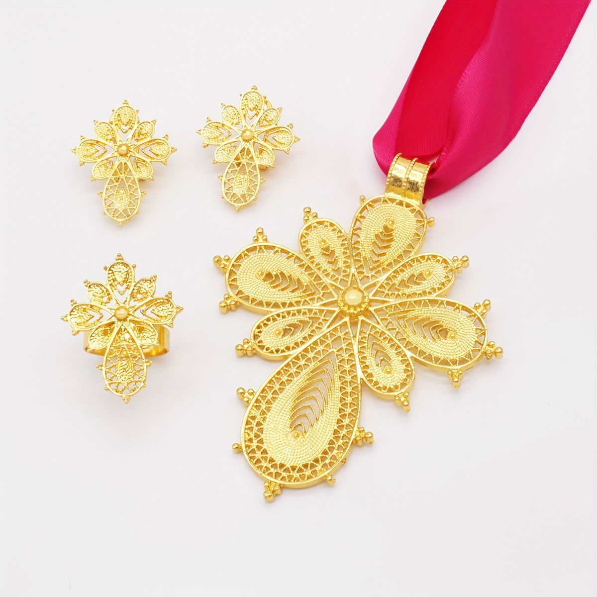 Gold Plated Jewelry Set with Earrings Necklace and Ring for Evening Parties