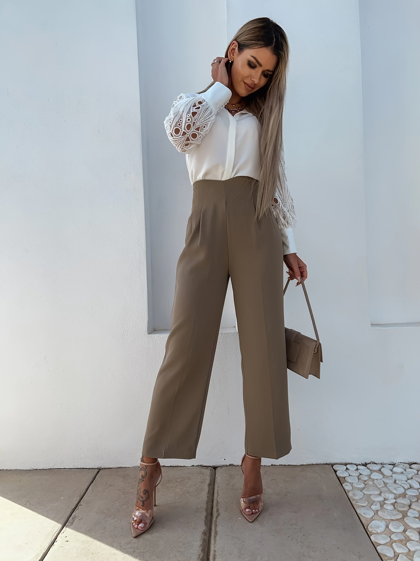 Women's Solid Color Polyester V-Neck Shirt for Spring and Fall