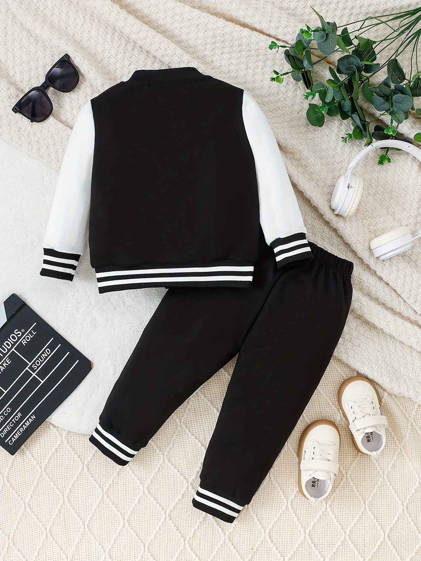 Infant Boys 2-Piece Outfit Set Letter A Embroidered Top Casual Pants Spring Fall Polyester Knit Black White