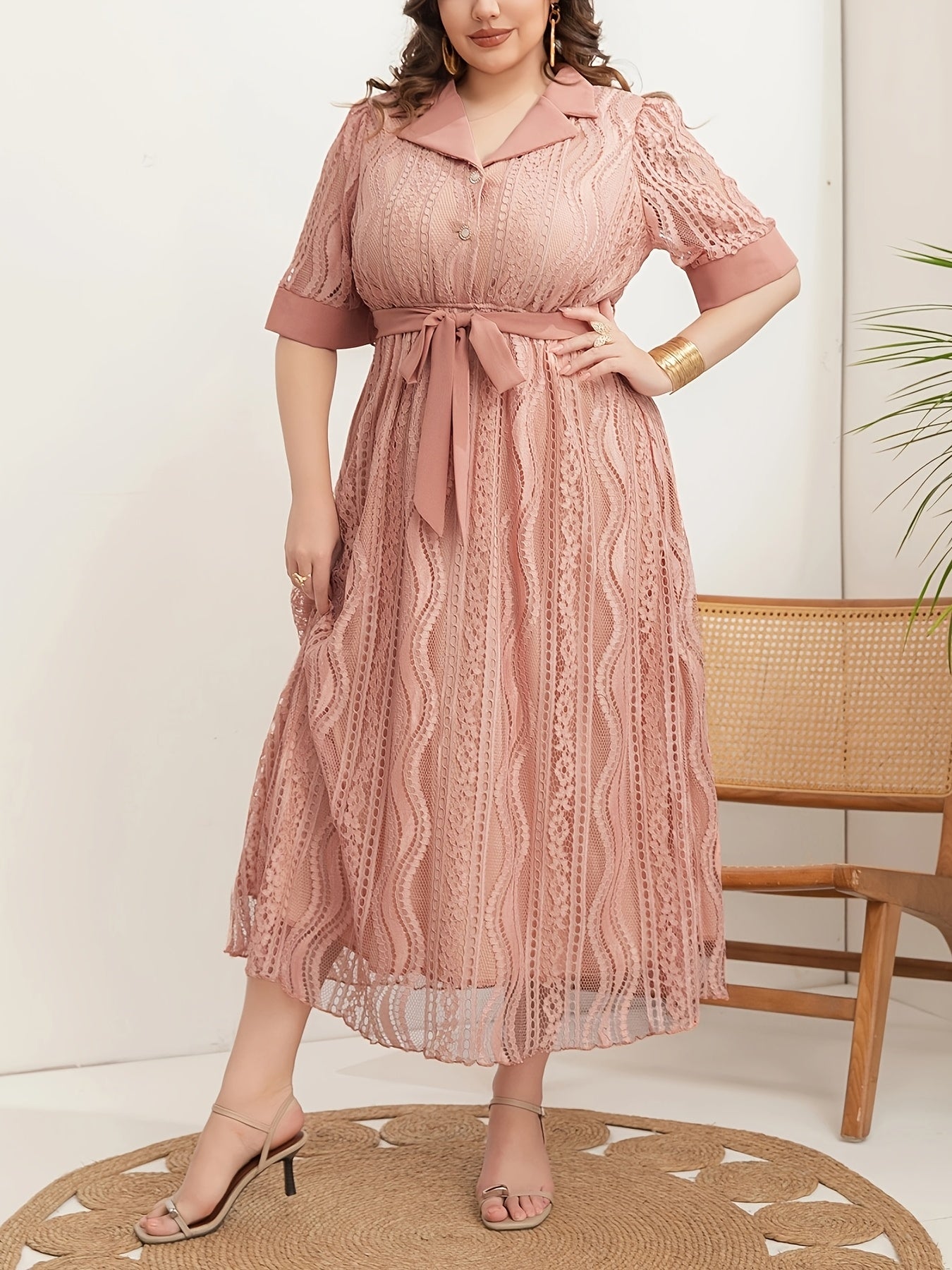 Women's Polyester V-Neck Tunic Dress Belted Solid Color Plus Size