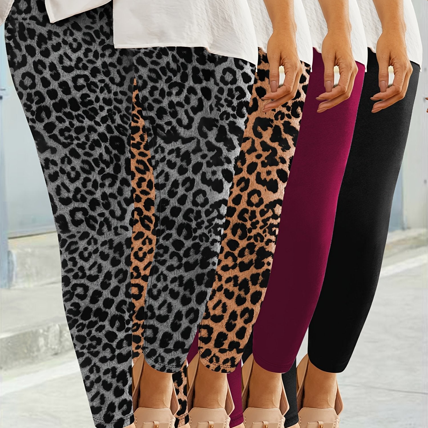 Plus Size Stretchy Capri Leggings High Waist Solid Colors Polyester Elastane