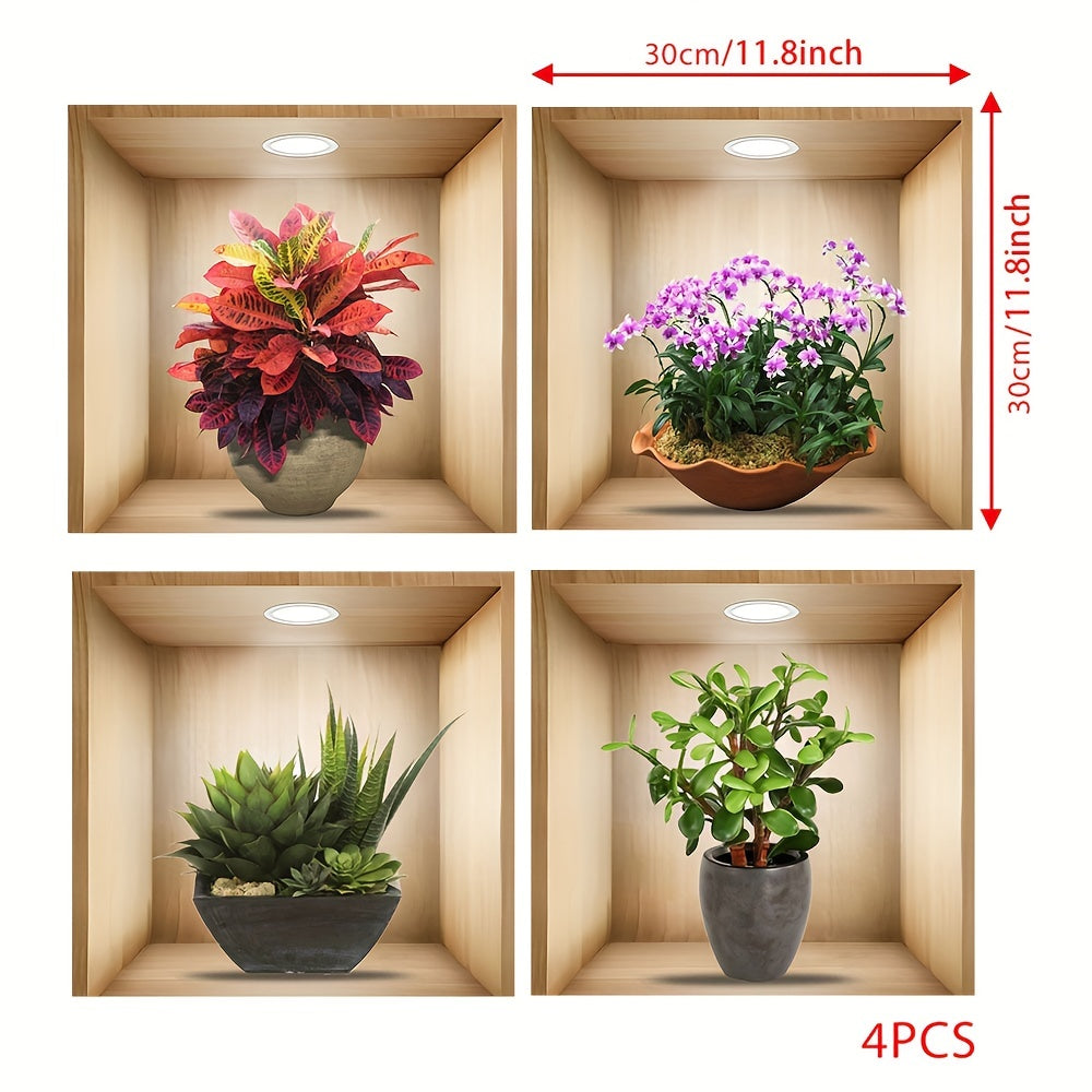 Green Plant 3D Wall Stickers for Home Decor Self-Adhesive Removable Set of 4