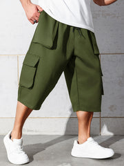 Pantalones cargo de talla grande para hombre de corte relajado hasta la rodilla con múltiples bolsillos y cintura con cordón