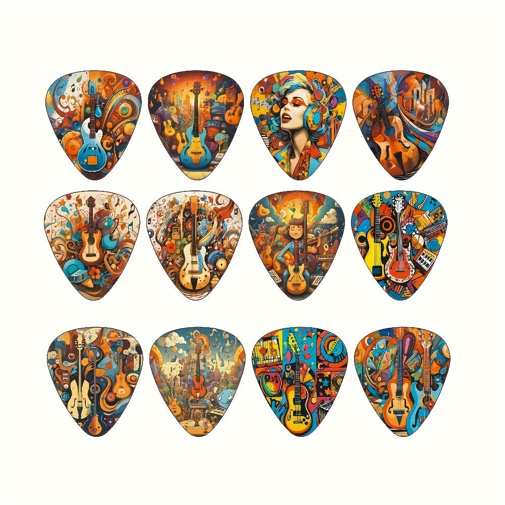 12-Piece Guitar Picks Set with Painted Cartoon Music Theme Designs