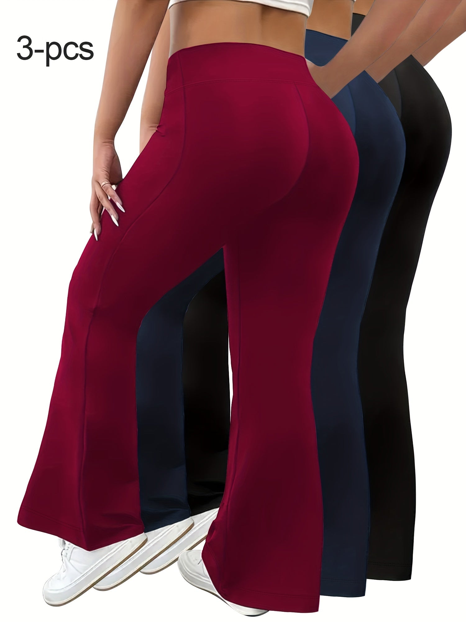 Women Stretchy High-Waist Flare Pants 3-Pack Tummy Control Black Red Navy