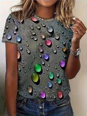 Women's Water Drop Print Casual T-Shirt Round Neck Short Sleeve Stretch Polyester Summer Top