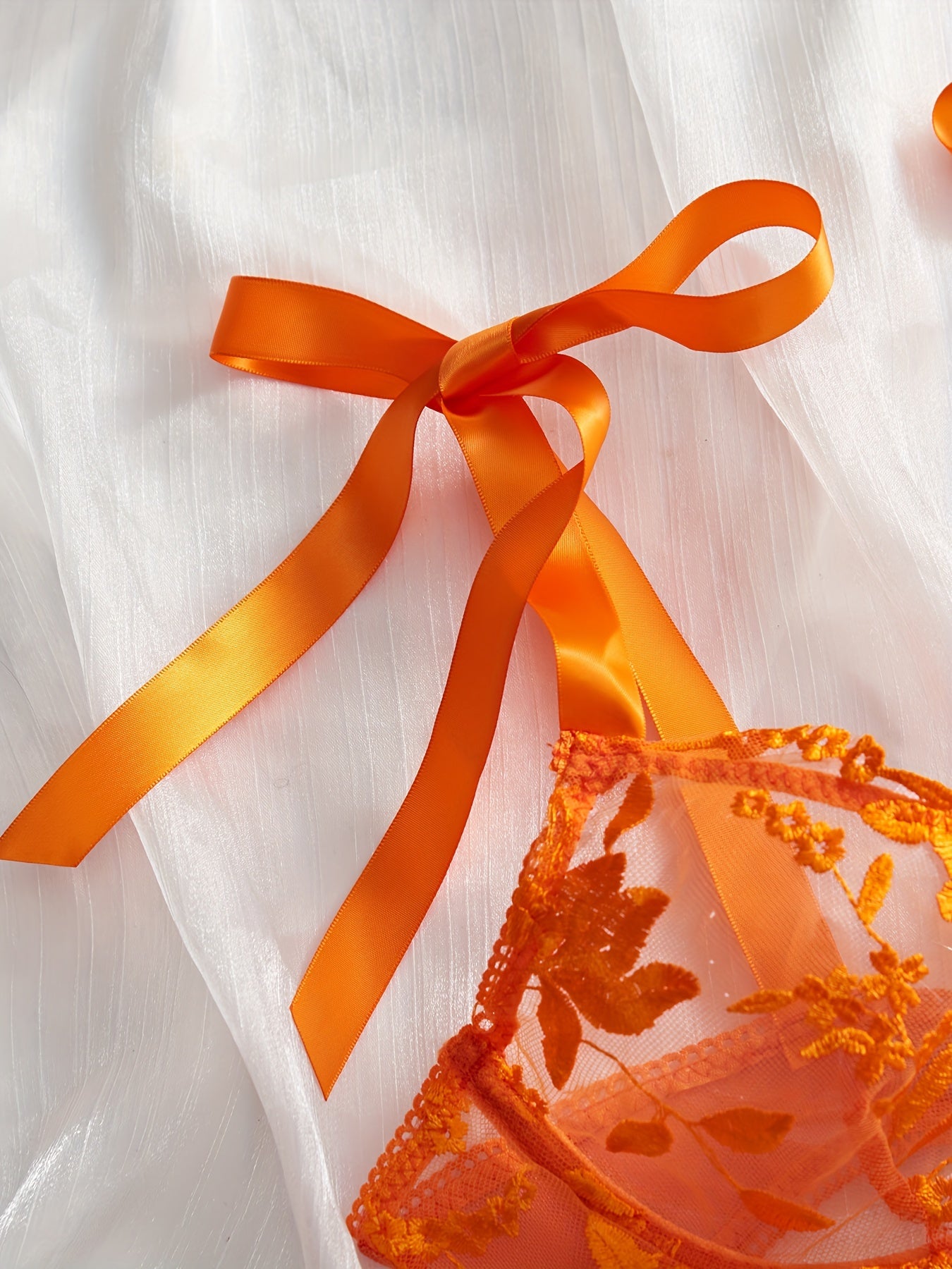 Women's Orange Floral Mesh Lingerie Set with Semi-Sheer Bra and Thong